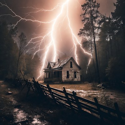 Lightning Striking Abandoned House in Forest