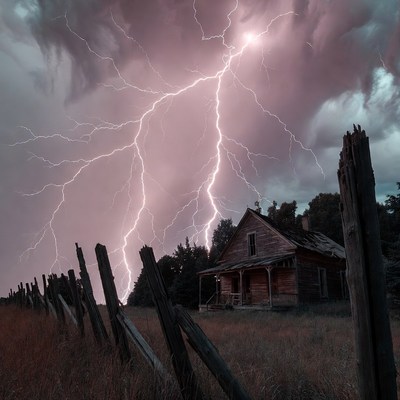 Lightning striking abandoned house