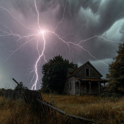 Lightning striking old abandoned house