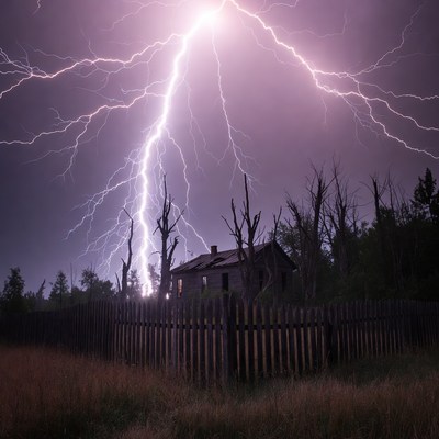 Lightning striking old abandoned house