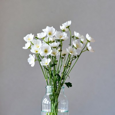 White flowers in glass bottle