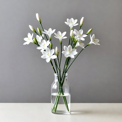 White Flowers in Glass Bottle