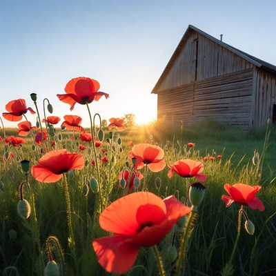 Red Poppies Field by Wooden Barn