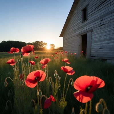 Red Poppies by Old Barn at Sunset