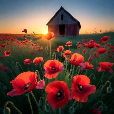 Red Poppy Field with Barn at Sunset