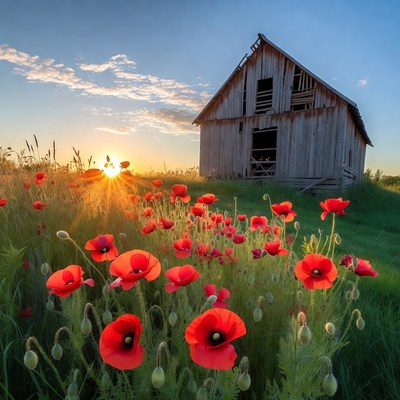 Red Poppies and Old Barn at Sunset