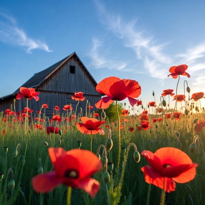 Red Poppy Field by Wooden Barn