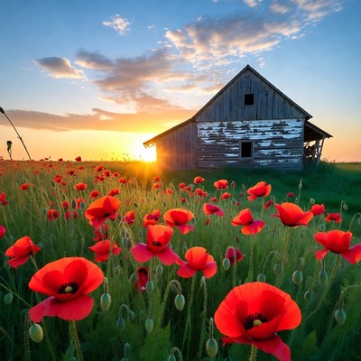 Old Barn in Poppy Field at Sunset