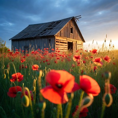 Old Barn in Red Poppy Field
