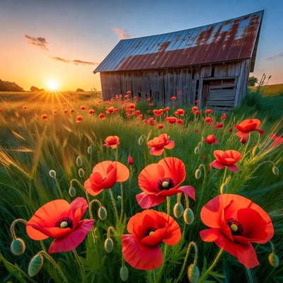 Red Poppies and Old Barn at Sunset