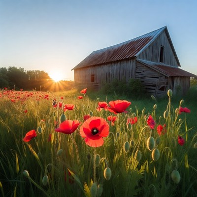 Red Poppy Field with Old Barn at Sunset