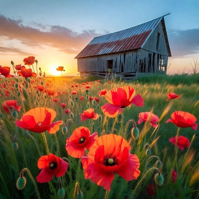 Red Poppy Field with Old Barn at Sunset