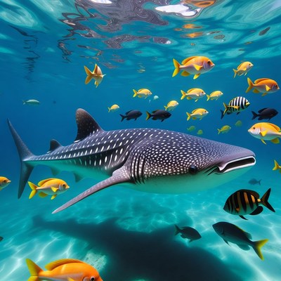 Whale Shark Swimming with Fish Underwater