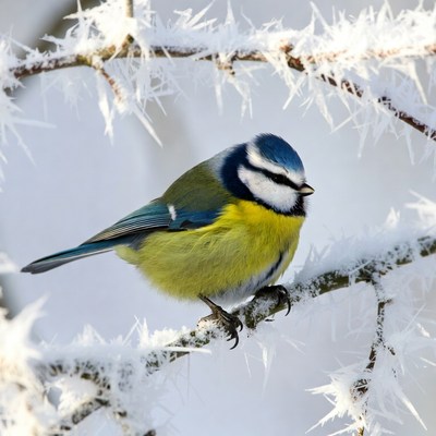 Blue Tit Perched on Snowy Branch