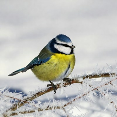 Blue Tit Perched on Snowy Branch