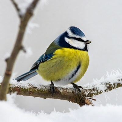 Blue Tit Perched on Snowy Branch