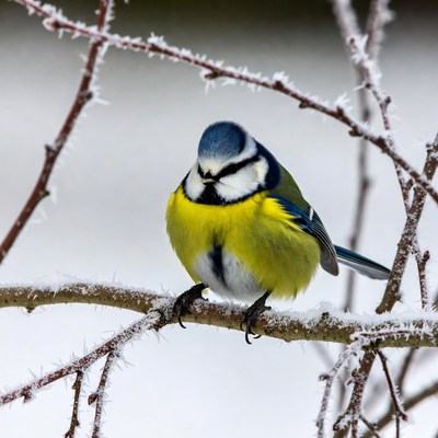Blue Tit Perched on Frosty Branch