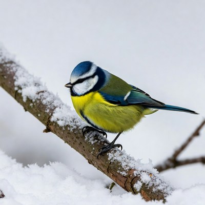 Blue Tit Perched on Snowy Branch