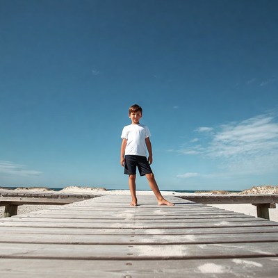 Boy standing on beach wooden pier