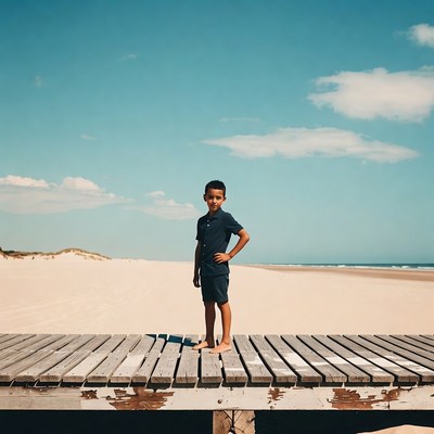 Young boy standing on beach pier