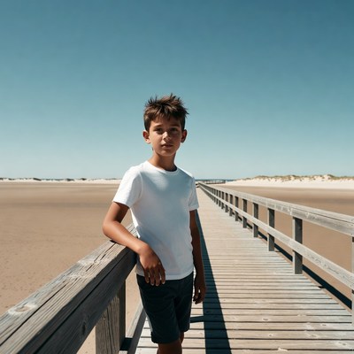 Boy leaning on beach pier railing
