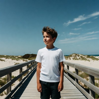 Boy standing on beach boardwalk
