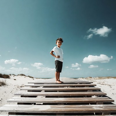 Boy standing on beach boardwalk