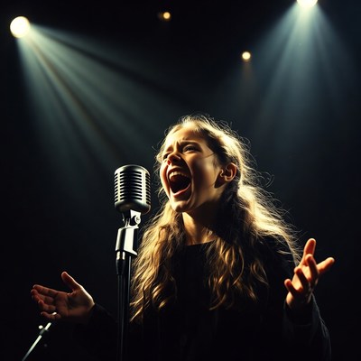 Girl singing passionately into microphone