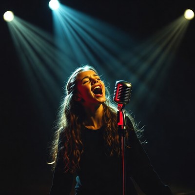 Girl singing passionately into microphone