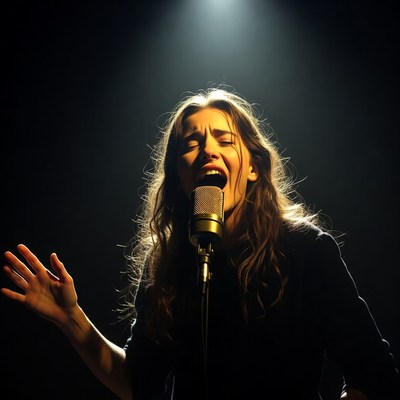 Woman singing passionately into microphone