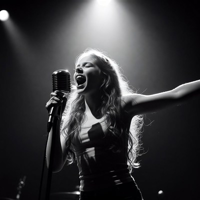 Woman singing passionately into microphone
