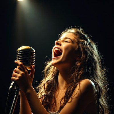 Woman singing passionately into microphone