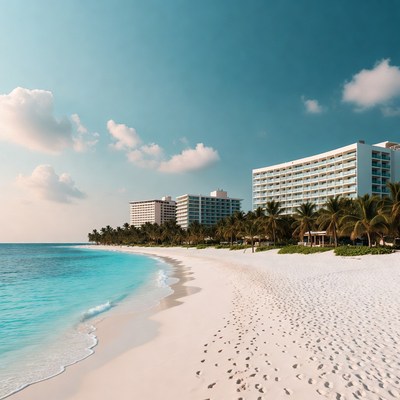 Tropical Beach with Palm Trees and Resort
