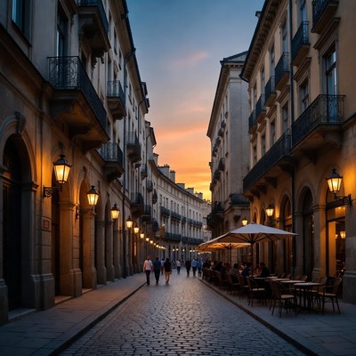 Sunset on historic cobblestone street