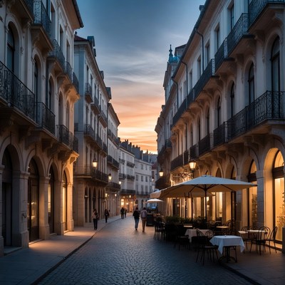 European Cobblestone Street at Sunset