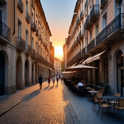 Sunset Street with Outdoor Cafes