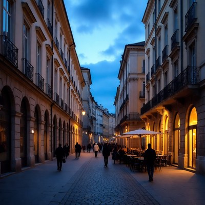 Evening Street with People in European City