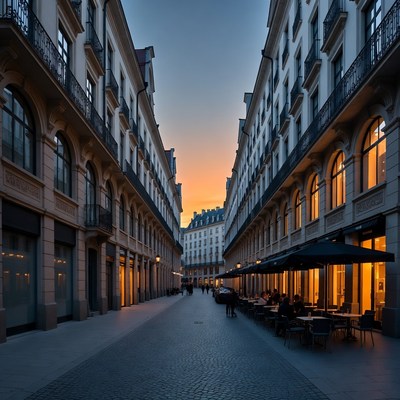 Sunset view of narrow European street cafe