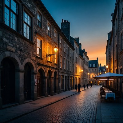 Cobblestone Street at Dusk with People