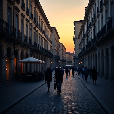 Sunset Street with Walking People