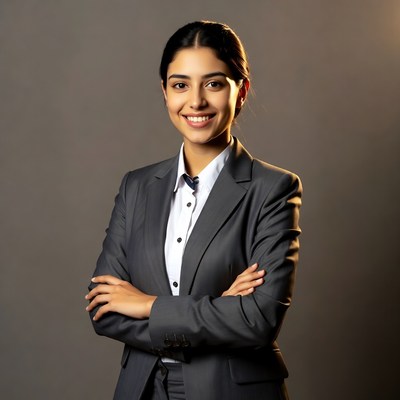Smiling Indian woman in suit arms crossed