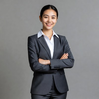 Asian woman in suit arms crossed