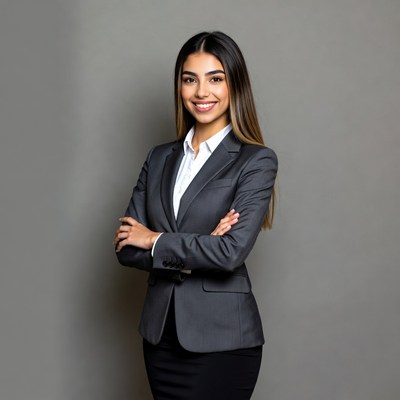 Smiling Latina woman in suit with arms crossed
