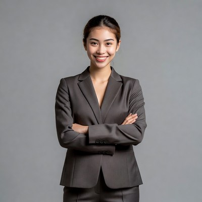 Asian woman in suit with arms crossed