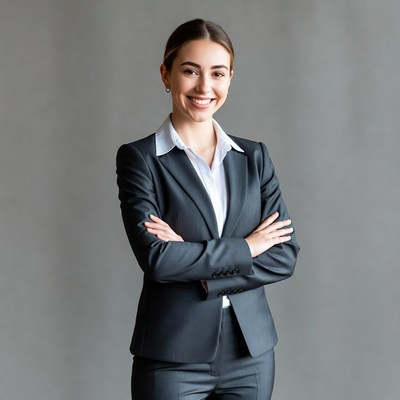 Smiling woman in suit with arms crossed