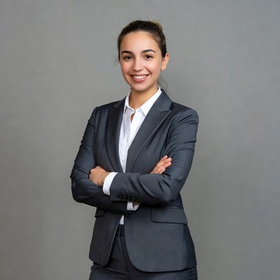 Smiling woman in suit with arms crossed