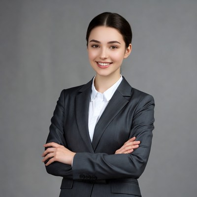 Smiling woman in business suit arms crossed