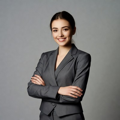 Smiling woman in gray suit with arms crossed