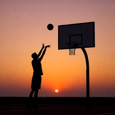 Silhouette man shooting basketball at sunset