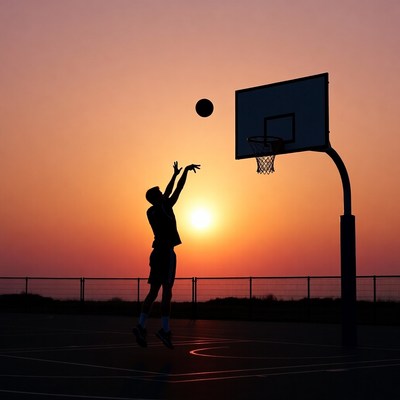 Man dunking basketball at sunset silhouette